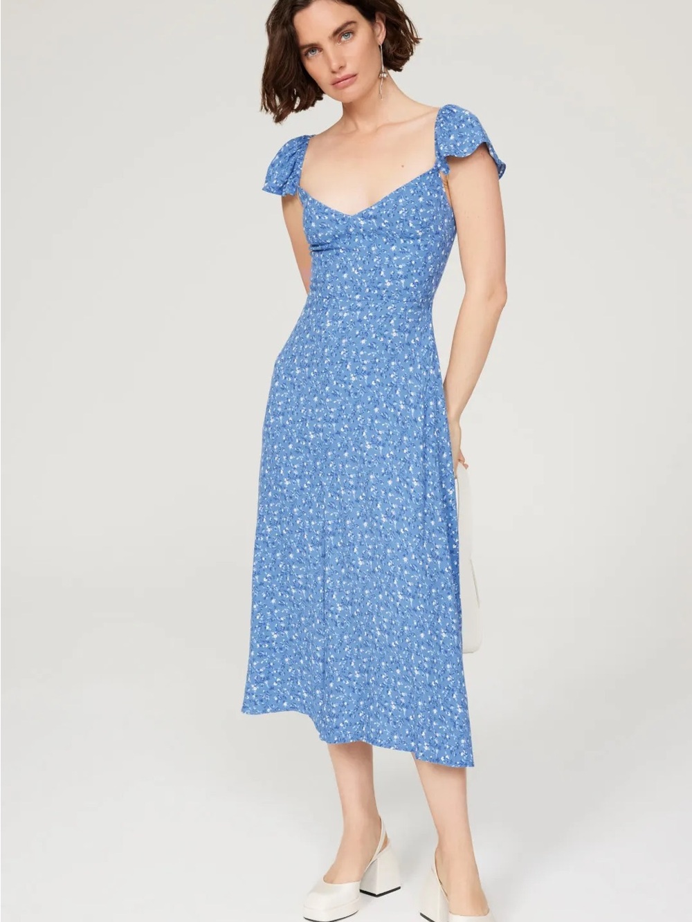 Reformation Blue Floral Midi Dress with Square Sweetheart Bodice